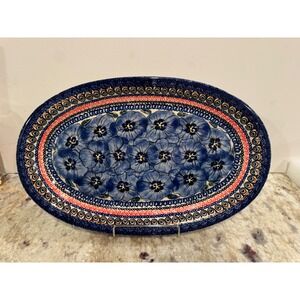 Polish Pottery Boleslawiec Unikat Oval Platter Roza Zajac Blue Floral 13.5"
